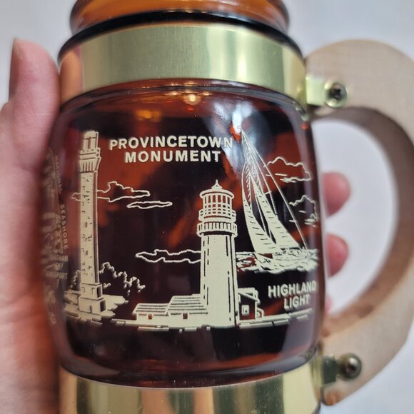 Siesta Ware Amber Brown Glass Barrel Mug Wood Handle Cape Cod - Picture 9 of 13